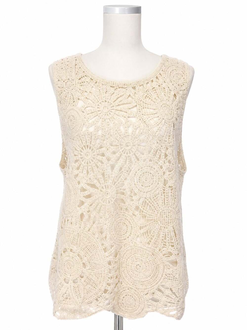 Cream Crochet Lace Sleeveless Boho Open Knit Summer Sweater, size Large